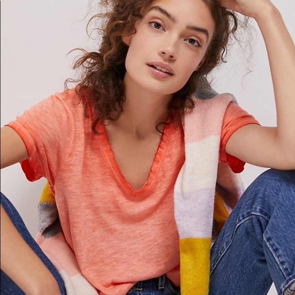 Nwt Anthropologie Maeve Arista Washed Tee Summer Top Orange Coral Cotton v-neck